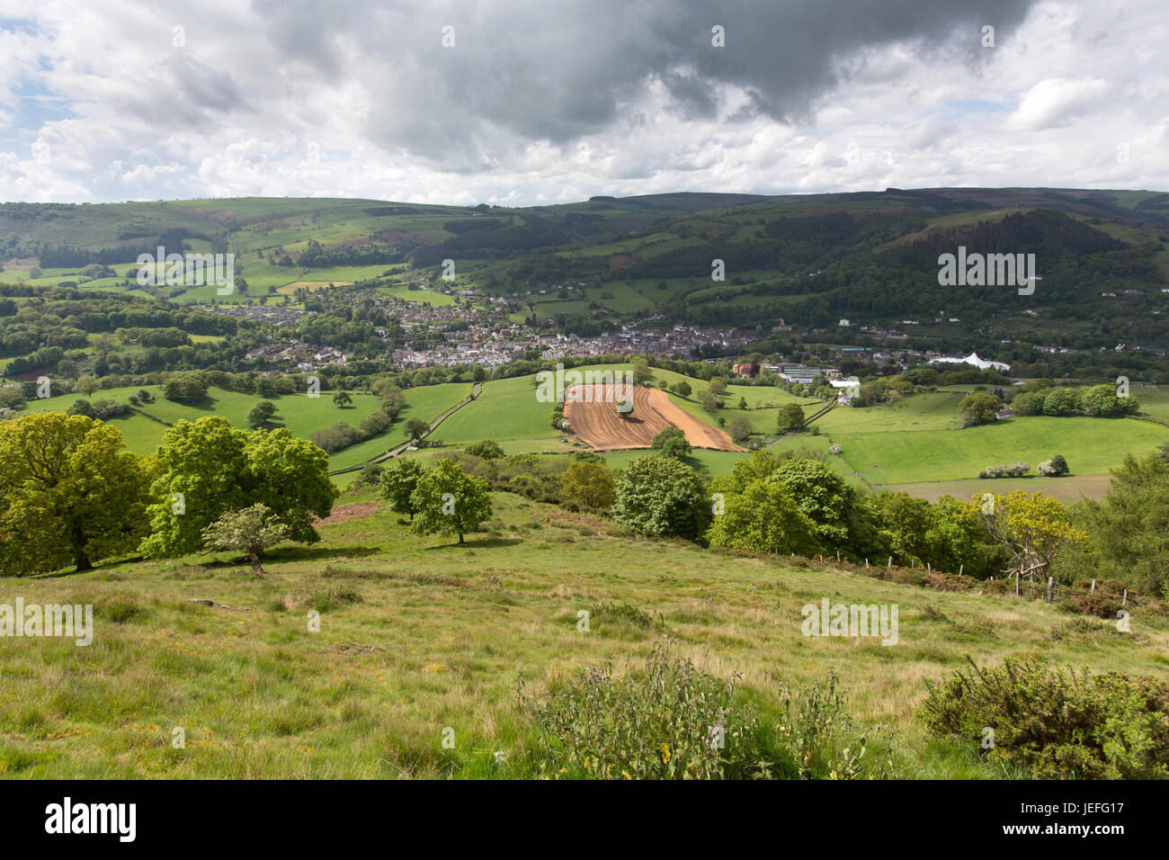 The town of Llangollen, Wales. Picturesque aerial view of the Welsh town of Llangollen, in the county of Denbighshire. Stock Photo