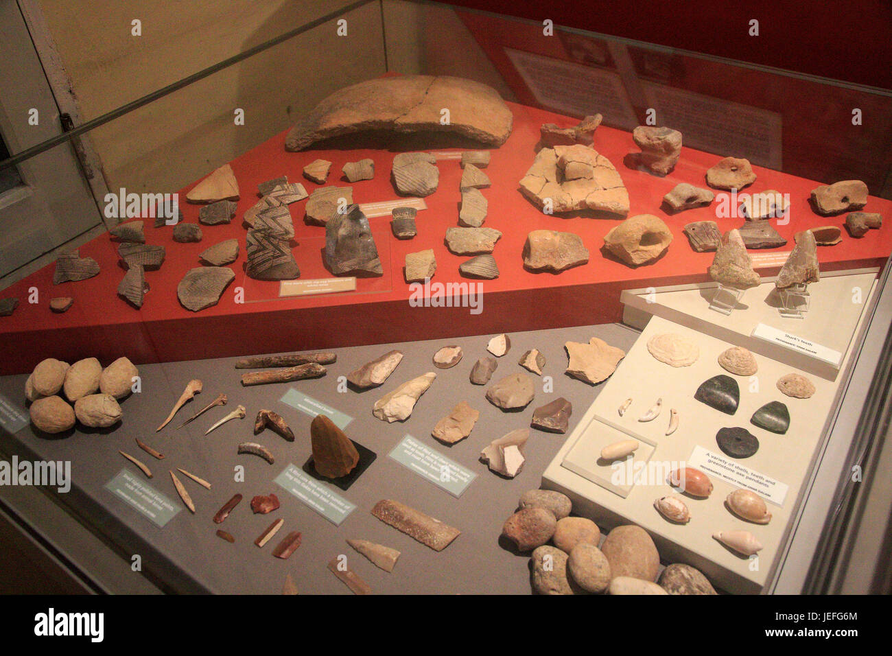 Pottery and tool display of neolithic finds, National Museum of Archaeology, Valletta, Malta Stock Photo