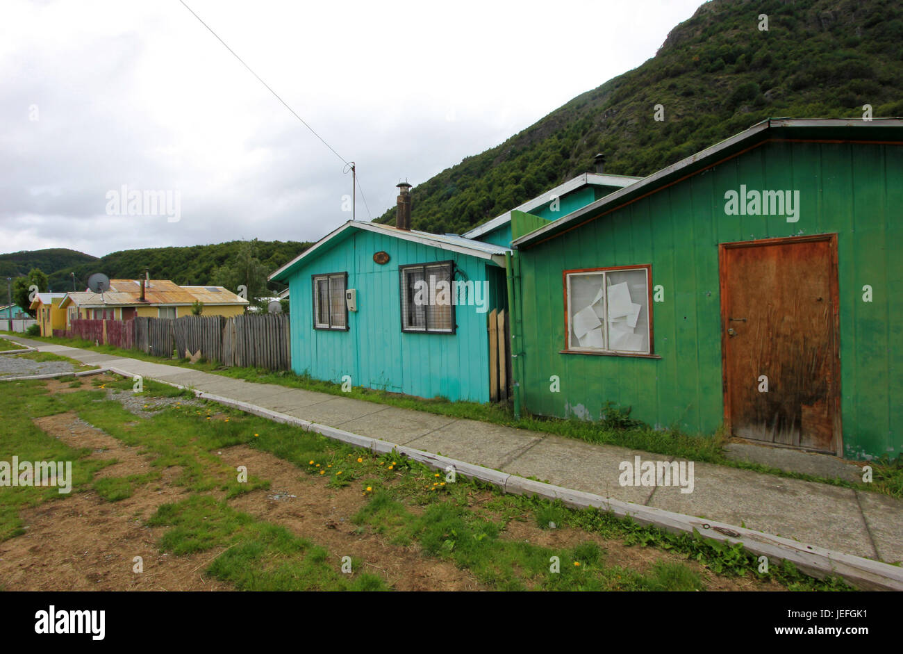 Houses in Villa O'Higgins, Carretera Austral, Patagonia, Chile Stock Photo
