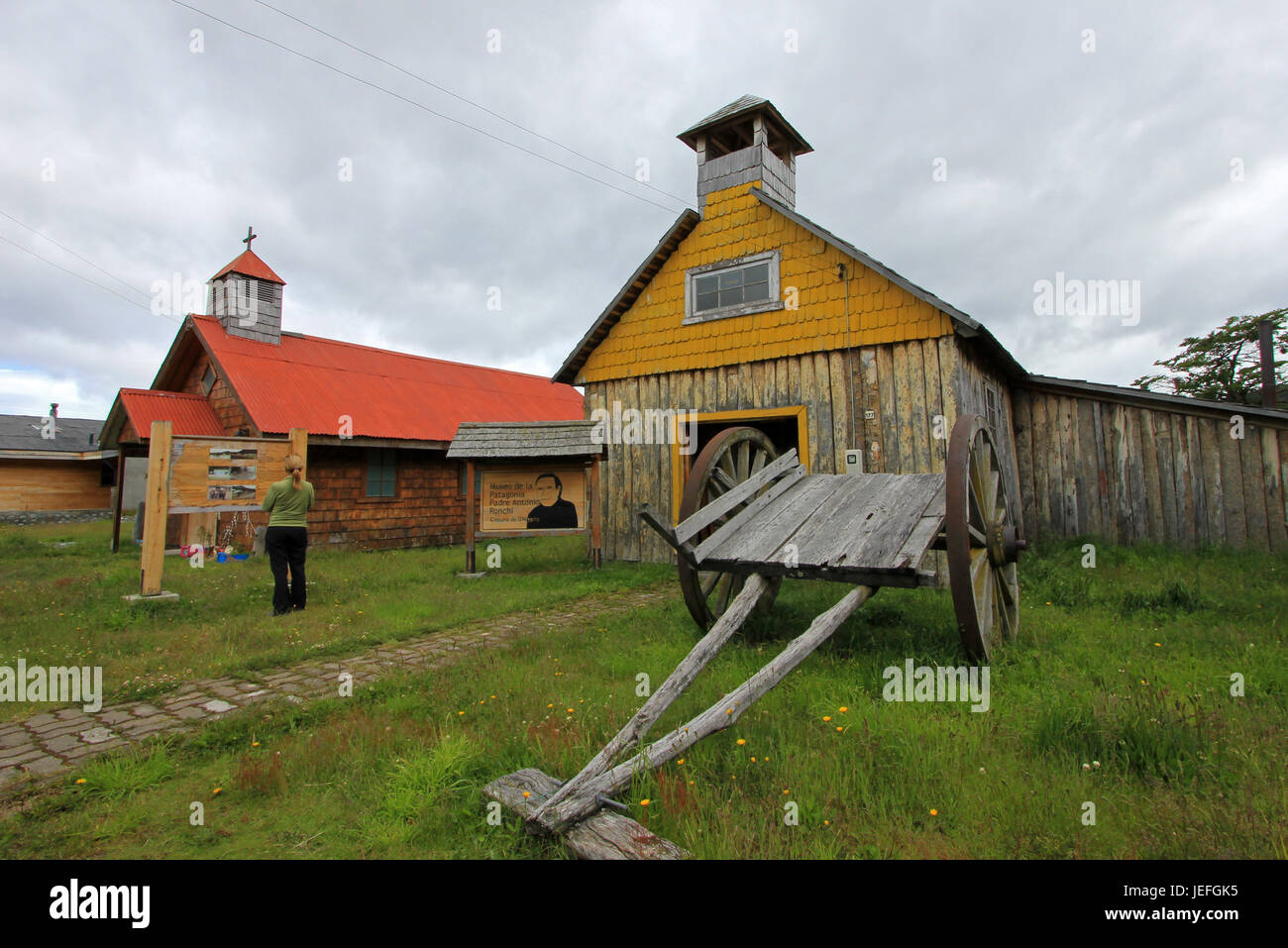 Old wooden chapel, museum, Villa O'Higgins, Carretera Austral, Patagonia Chile Stock Photo