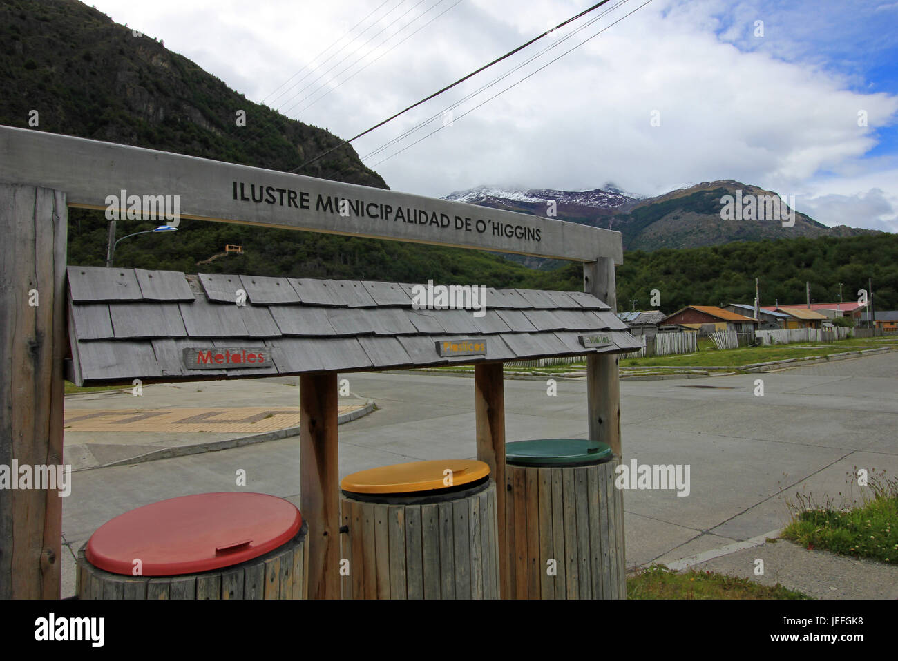 Garbage cans in Villa O'Higgins, Carretera Austral, Patagonia, Chile Stock Photo