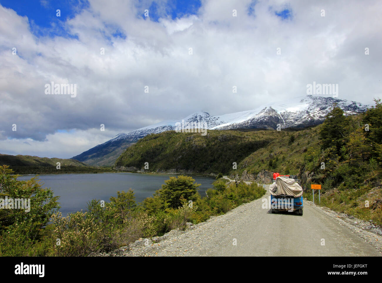 Van driving on Carretera Austral, on the way to Villa O'Higgins, Patagonia, Chile Stock Photo