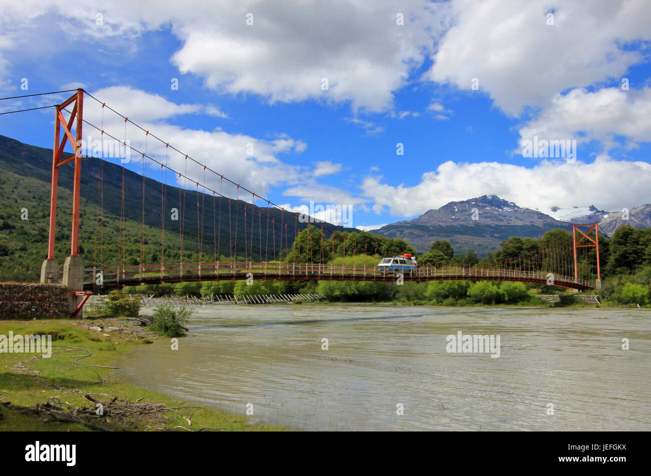 Van driving over bridge, Carretera Austral, on the way to Villa O'Higgins, Patagonia, Chile Stock Photo