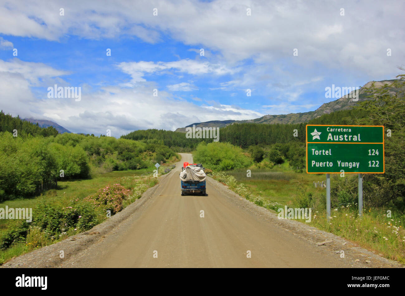Van driving on Carretera Austral, on the way to Villa O'Higgins, Patagonia, Chile Stock Photo