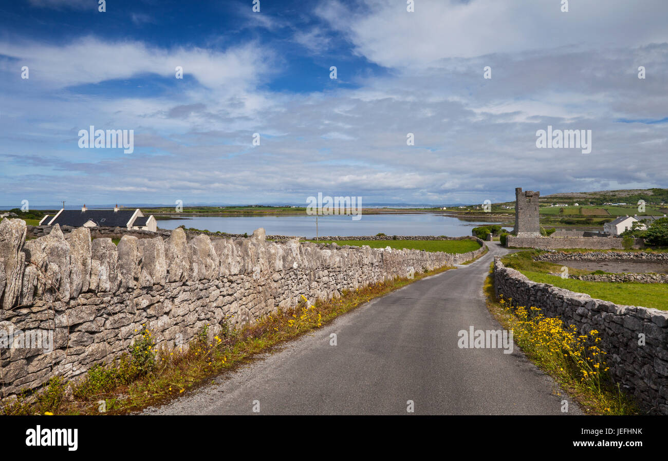 Muckinish Castle stands  on a narrow part of an isthmus jutting into Pouldoody Bay, near Ballyvaughan, County Clare, Ireland Stock Photo