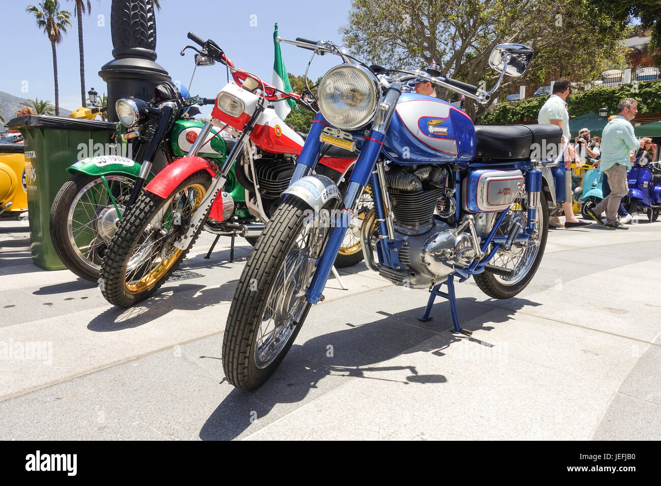 Ducati deluxe 250cc, and Montesa, Classic bikes on display at a classic motorcycle meeting in Mijas, Andalusia, Spain. Stock Photo
