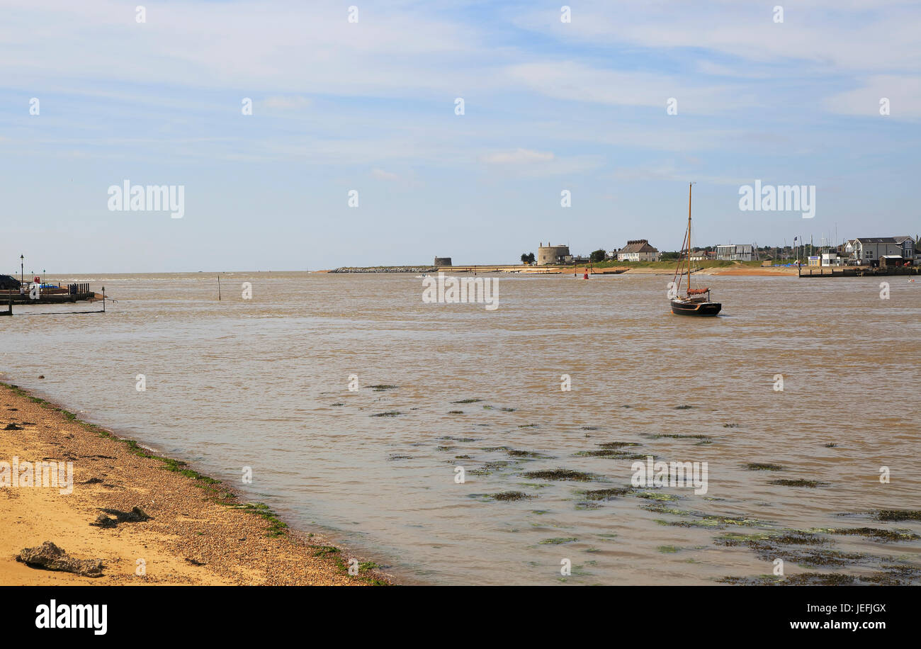 The mouth of the River Deben, Bawdsey Quay, Suffolk, England looking to Felixstowe Ferry Stock Photo