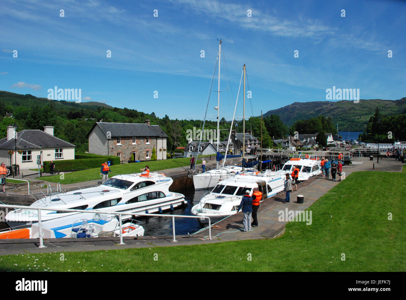Scotland: boats navigating through Neptune's Staircase, eight locks on the Caledonian Canal at Fort Augustus mouth into Loch Ness UK  taken June 2017 Stock Photo