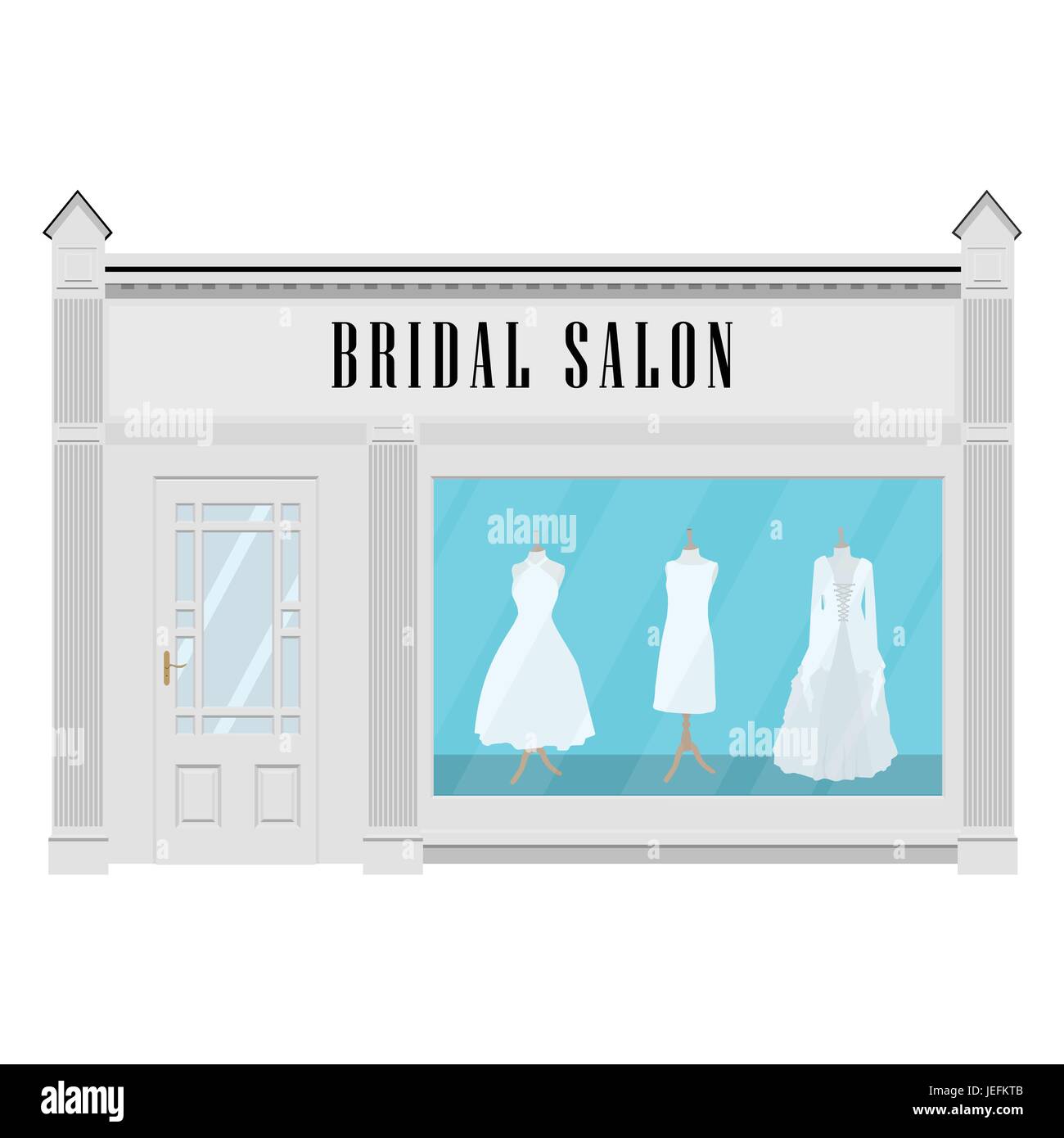 Vector illustration beautiful clothing in bridal salon.  Wedding dresses. Bridal salon building facade icon. Stock Vector