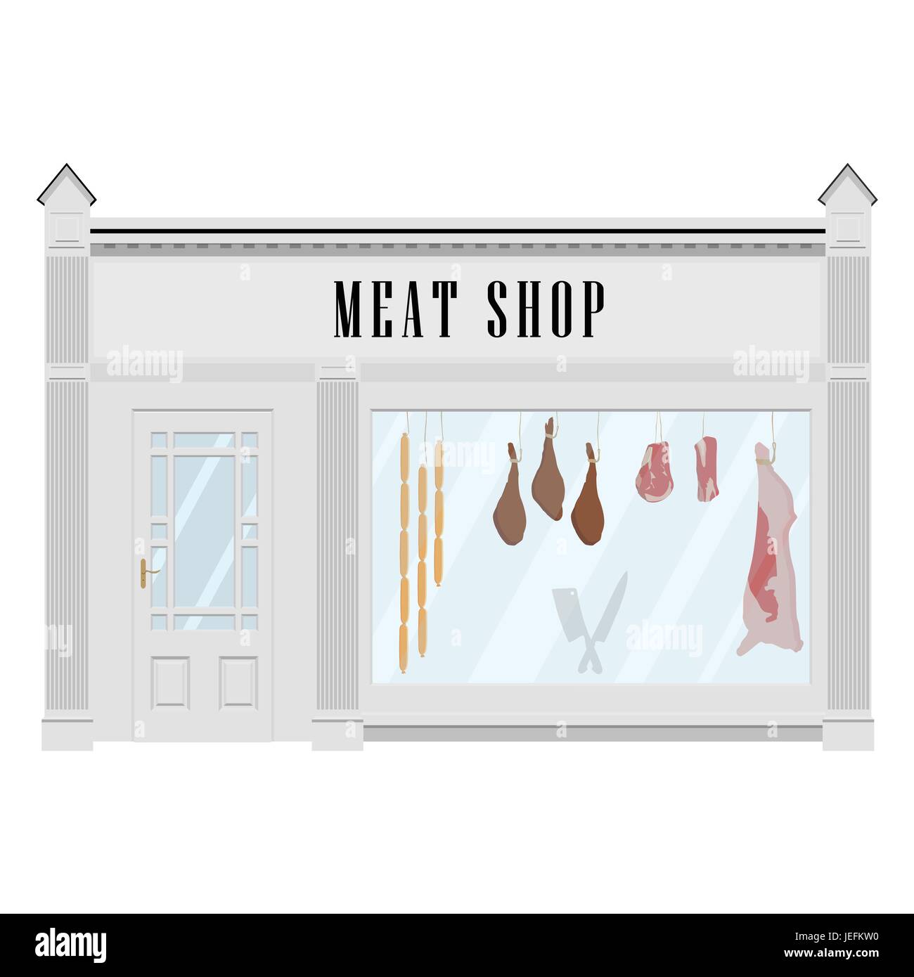 Vector illustration butcher meat shop facade icon. Sausages, beef carcass and steak. Butchery. Stock Vector