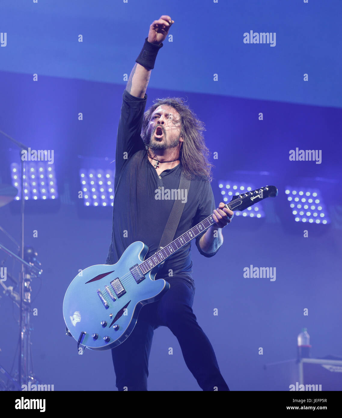 Dave Grohl of Foo Fighters performs on The Pyramid Stage at the