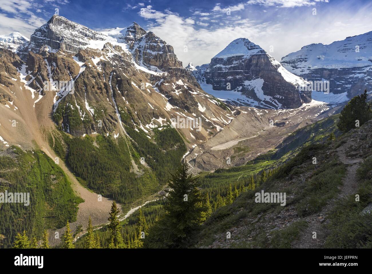 Scenic Aerial Landscape View Distant Snowy Rocky Mountains Plain of Six Glaciers Hiking Trail Sunny Summertime Day Banff National Park Alberta Canada Stock Photo
