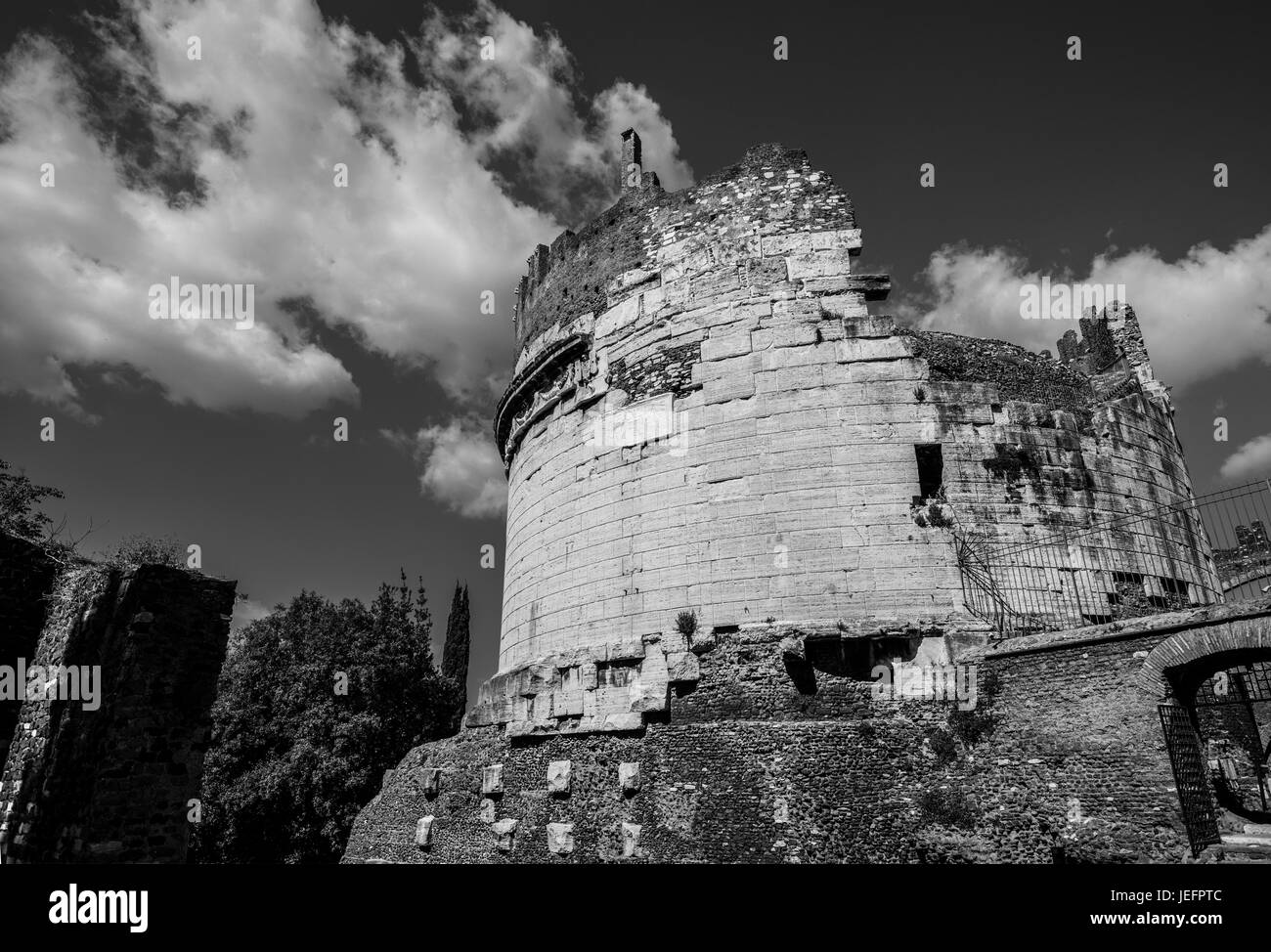 Ancient roman Tomb of Caecilia Metella along Old Appian Way in Rome Stock Photo