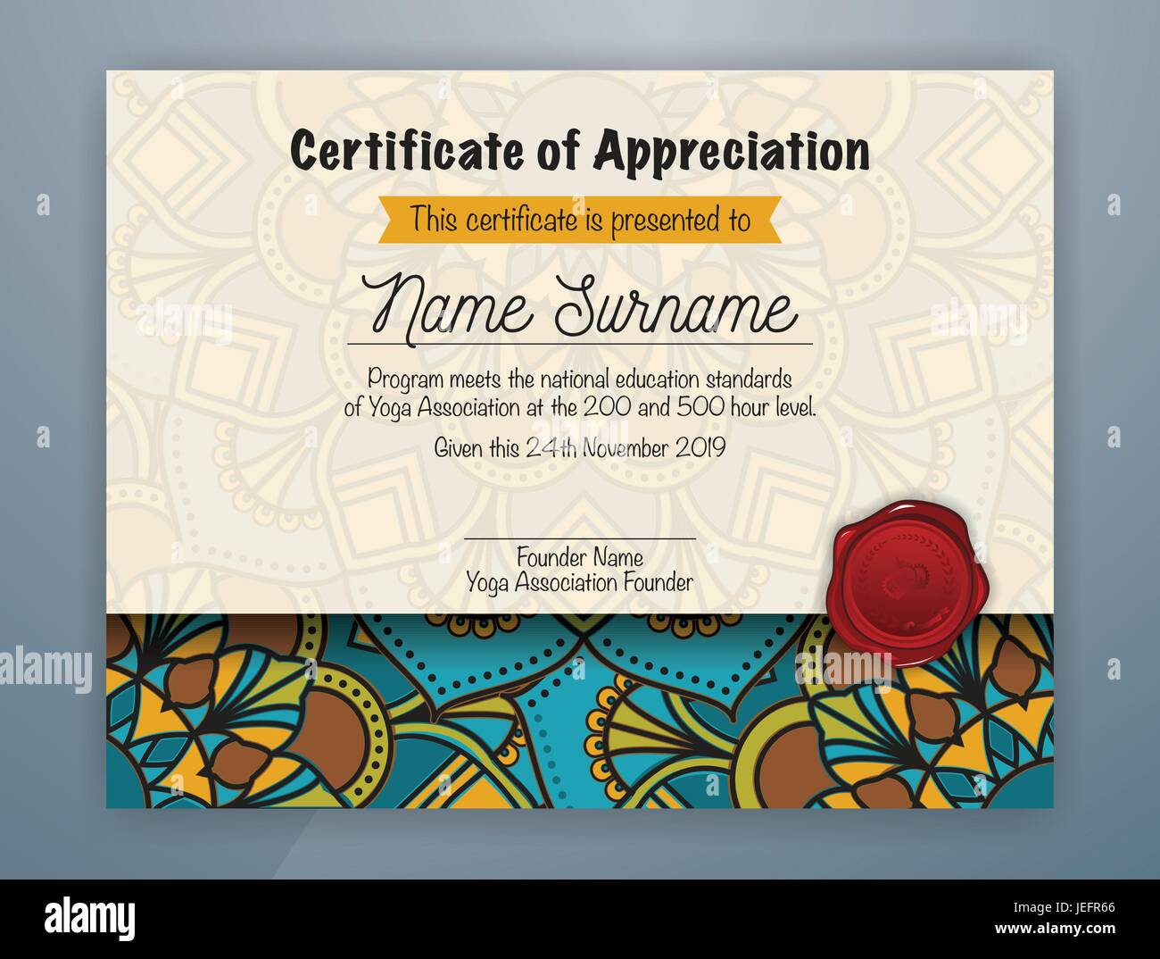 Mandala Bordered Certificate of Appreciation Template Design for Yoga class. Vector illustration Stock Vector