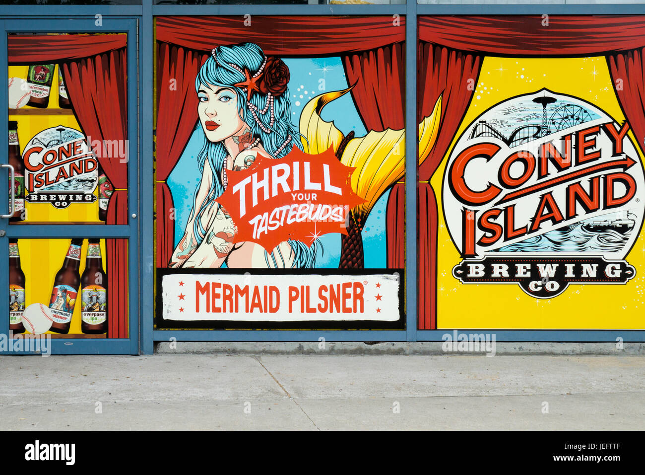 Old fashioned signs on the exterior of the Coney Island Brewing Company, a bar that specializes in craft beers, craft hard soda and nostalgia. Stock Photo