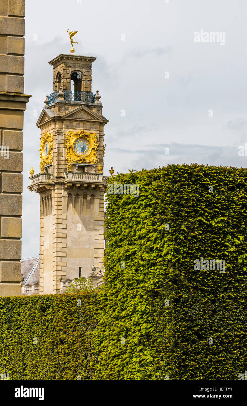 Clock tower at noon at Cliveden, Buckinghamshire, UK Stock Photo