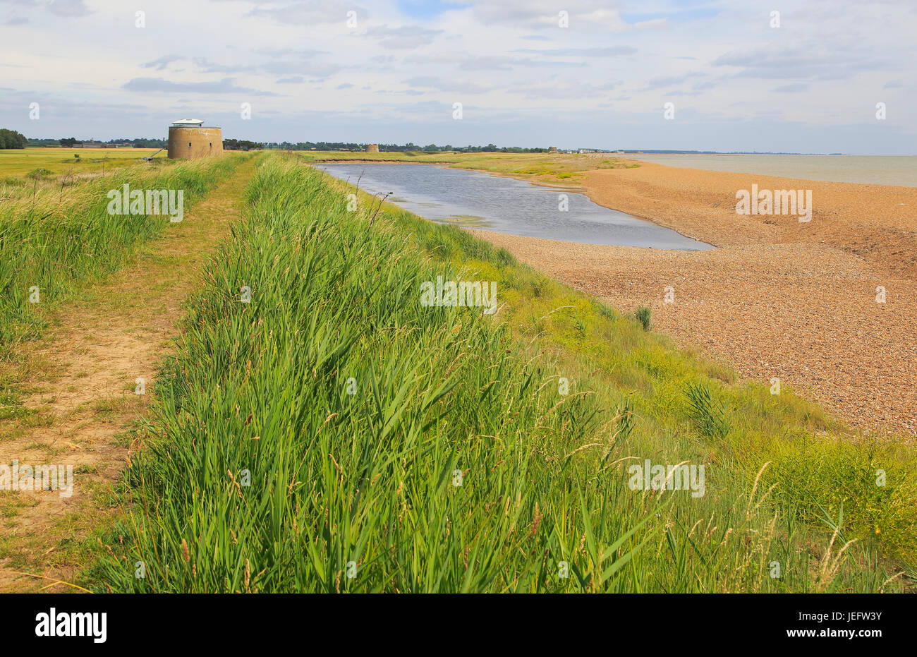 Coastal landforms shingle beach lagoon and bay bar, view north to Shingle Street, Bawdsey, Suffolk, England, UK Stock Photo