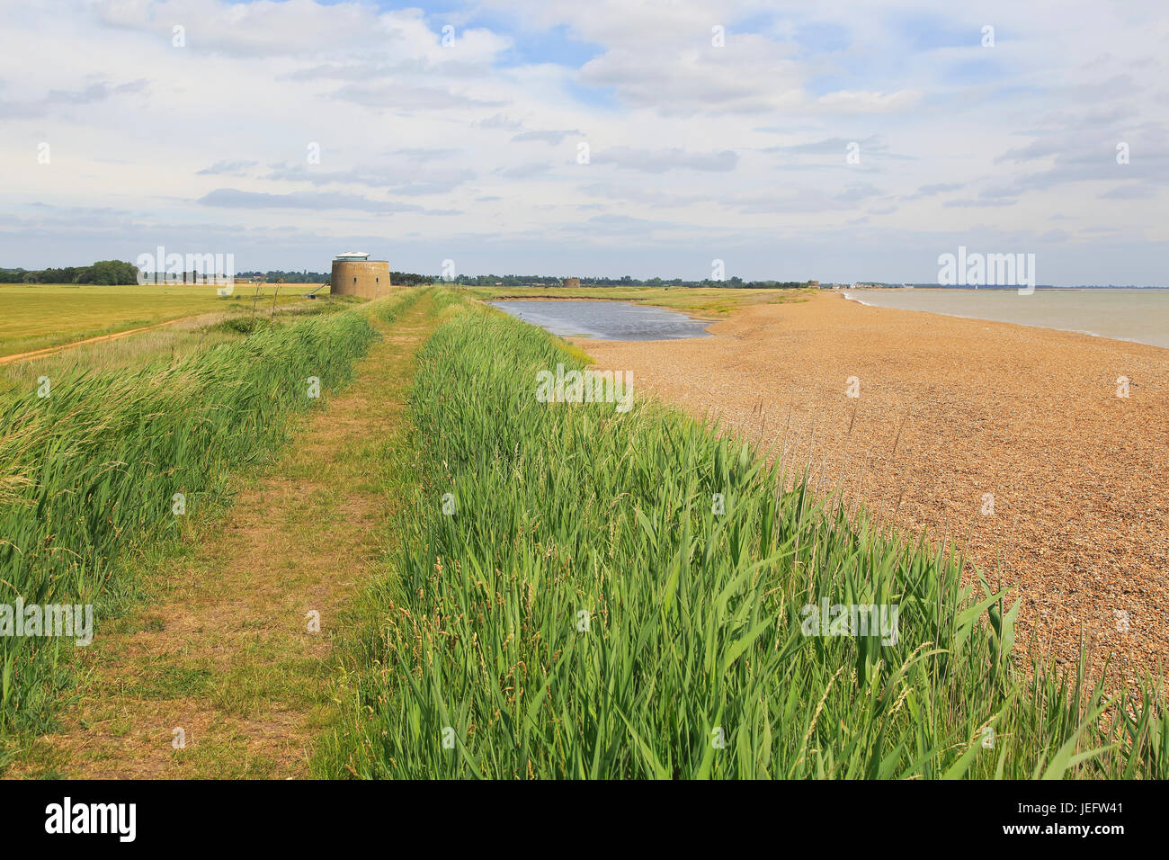 Coastal landforms shingle beach lagoon and bay bar, view north to Shingle Street, Bawdsey, Suffolk, England, UK Stock Photo