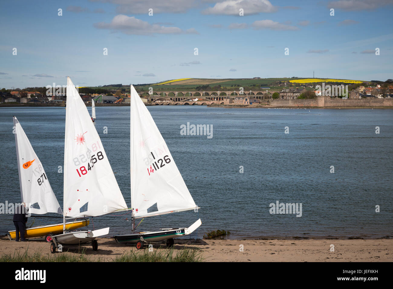 Sail boats by the river Tweed at Spittal, Northumberland, England, UK, Europe. Stock Photo