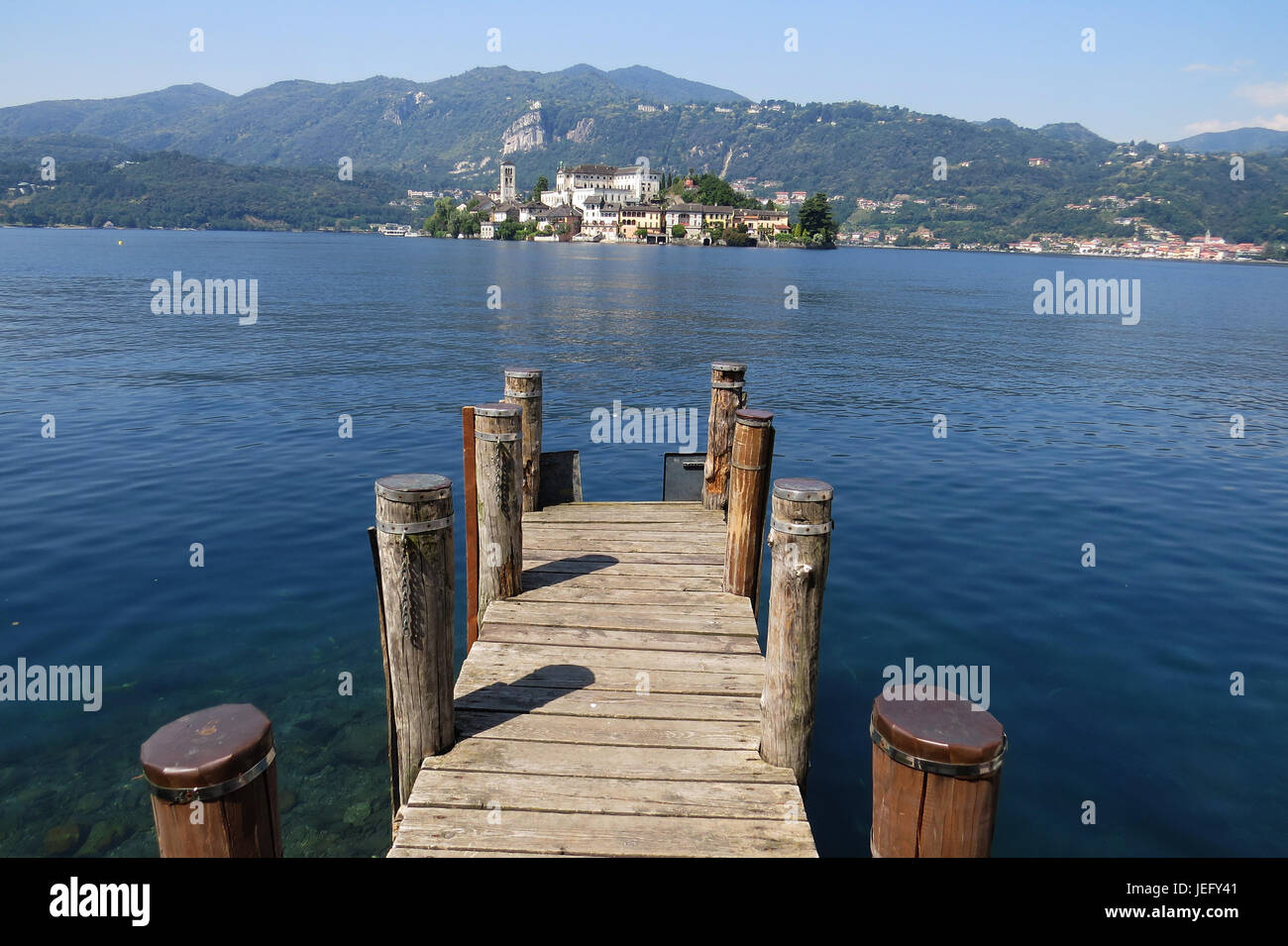 LAKE ORTA, Piedmont, Italy, looking towards Isola San Giulio from Pella village.Photo: Tony Gale Stock Photo