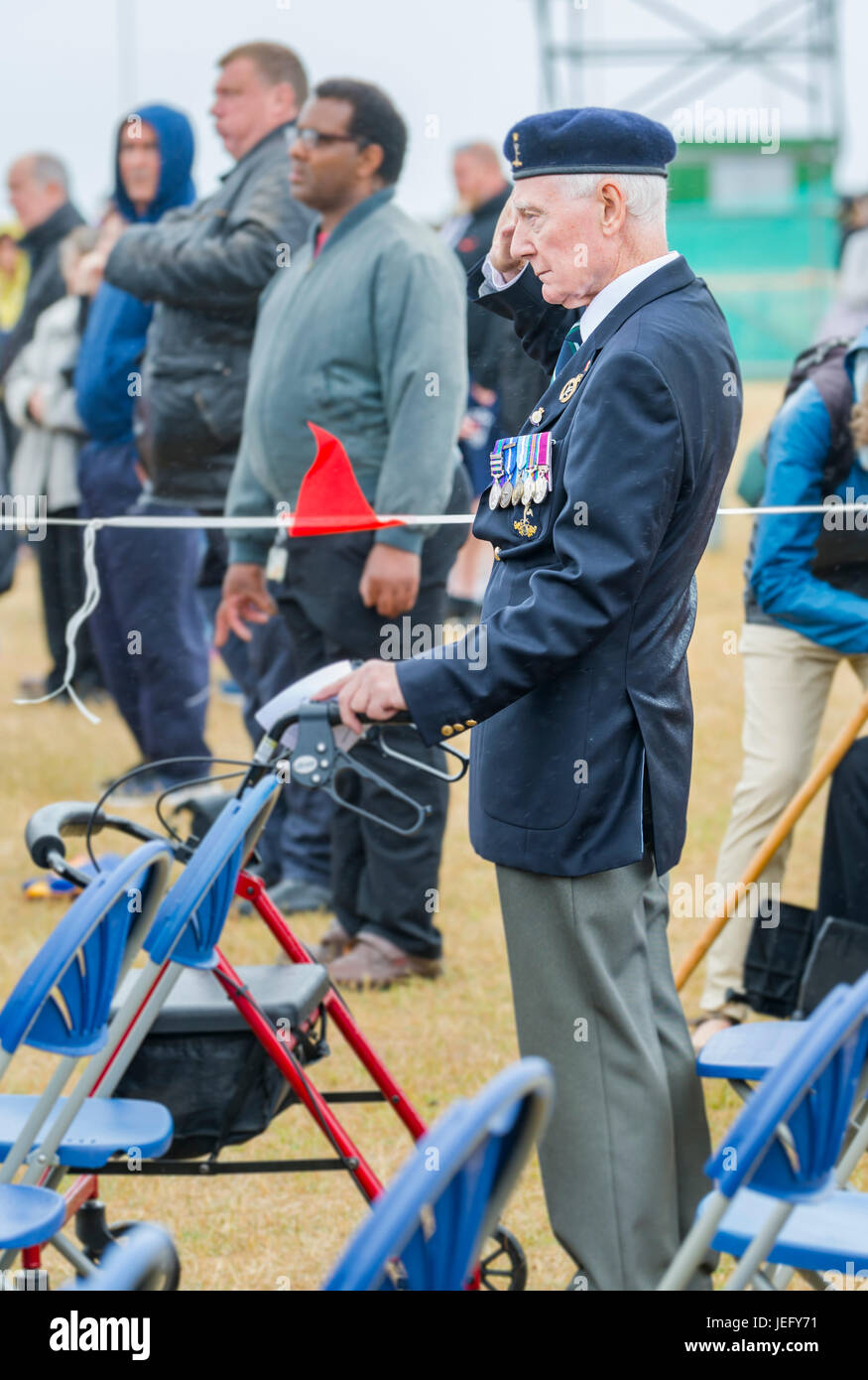 Veteran military officer giving a salute at the 2017 Armed Forces Day in Littlehampton, West Sussex, England, UK. Stock Photo