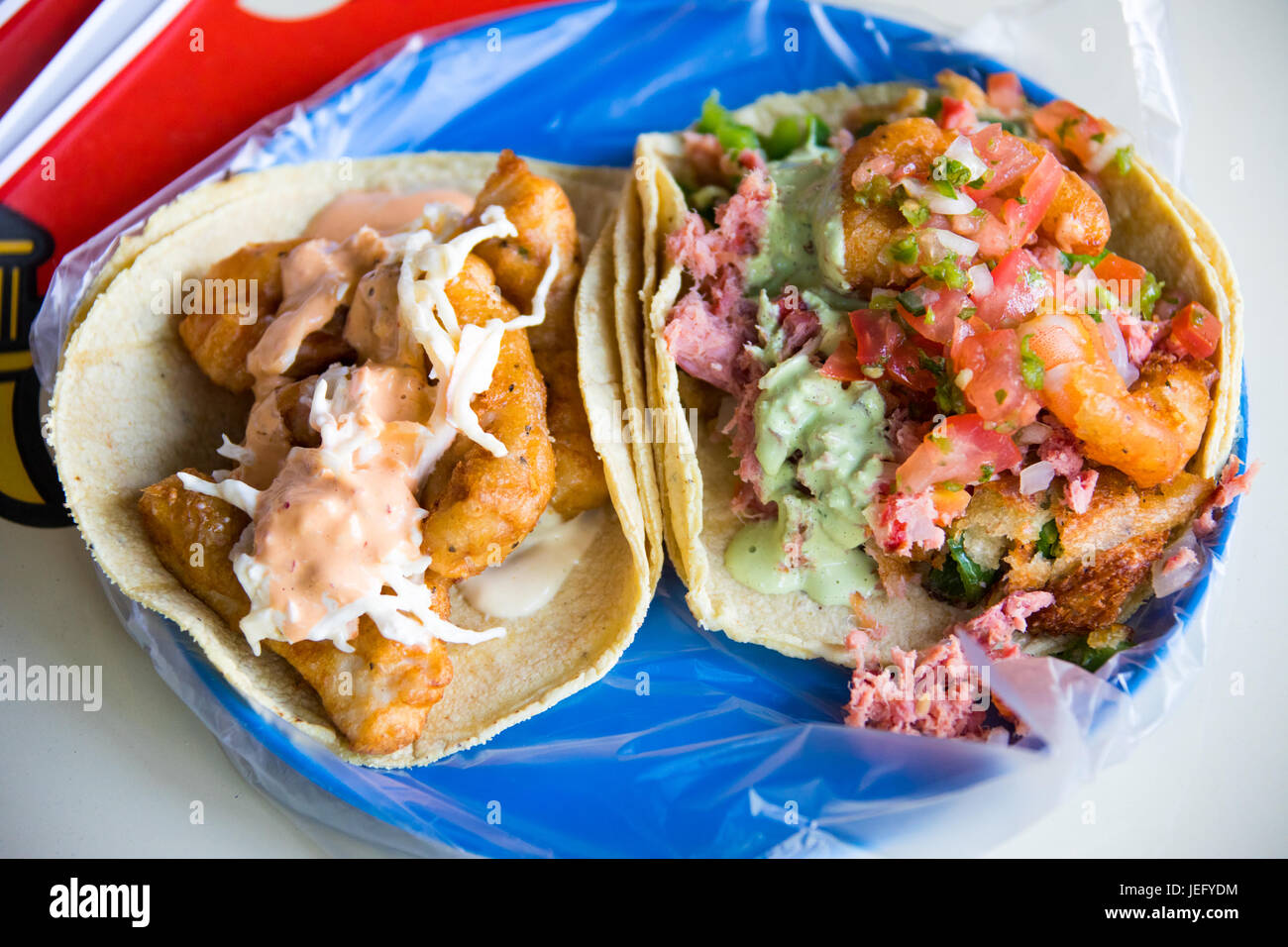 Fish and Shrimp tacos at El Pescadito Restaurant, Mexico City, Mexico Stock Photo