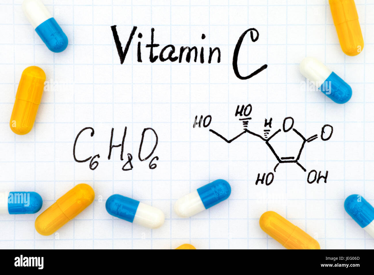 Chemical formula of Vitamin C and pills Stock Photo Alamy