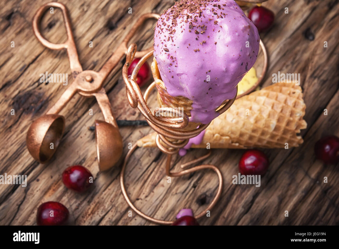 Ice cream in a waffle horn in a stylish stand Stock Photo