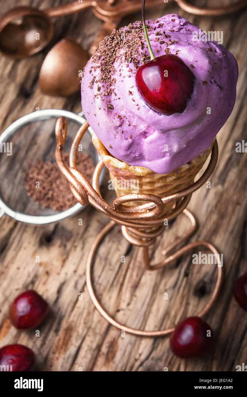 Ice cream in a waffle horn in a stylish stand Stock Photo