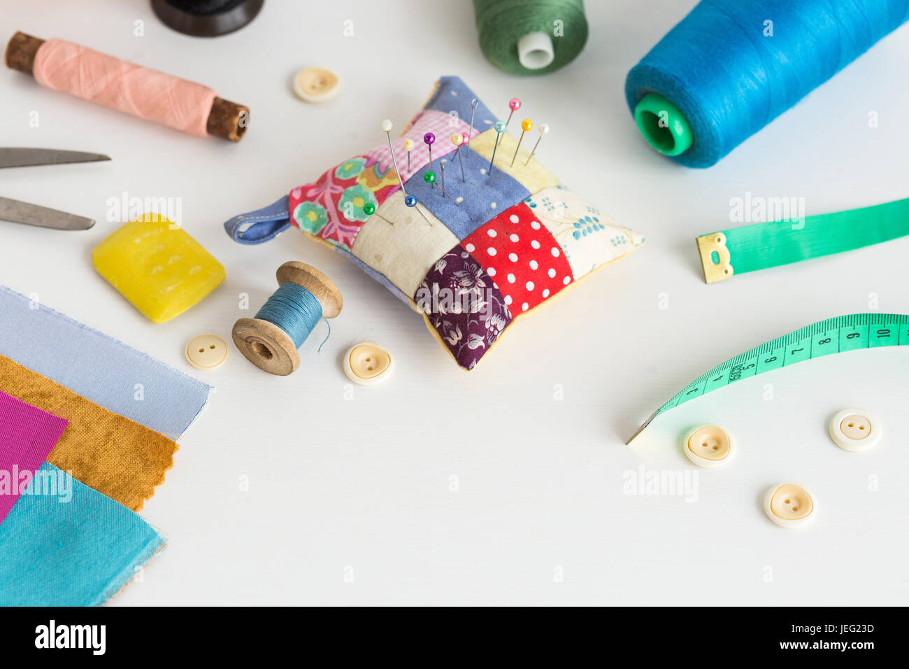 needlework, craft, sewing and tailoring concept tools closeup on