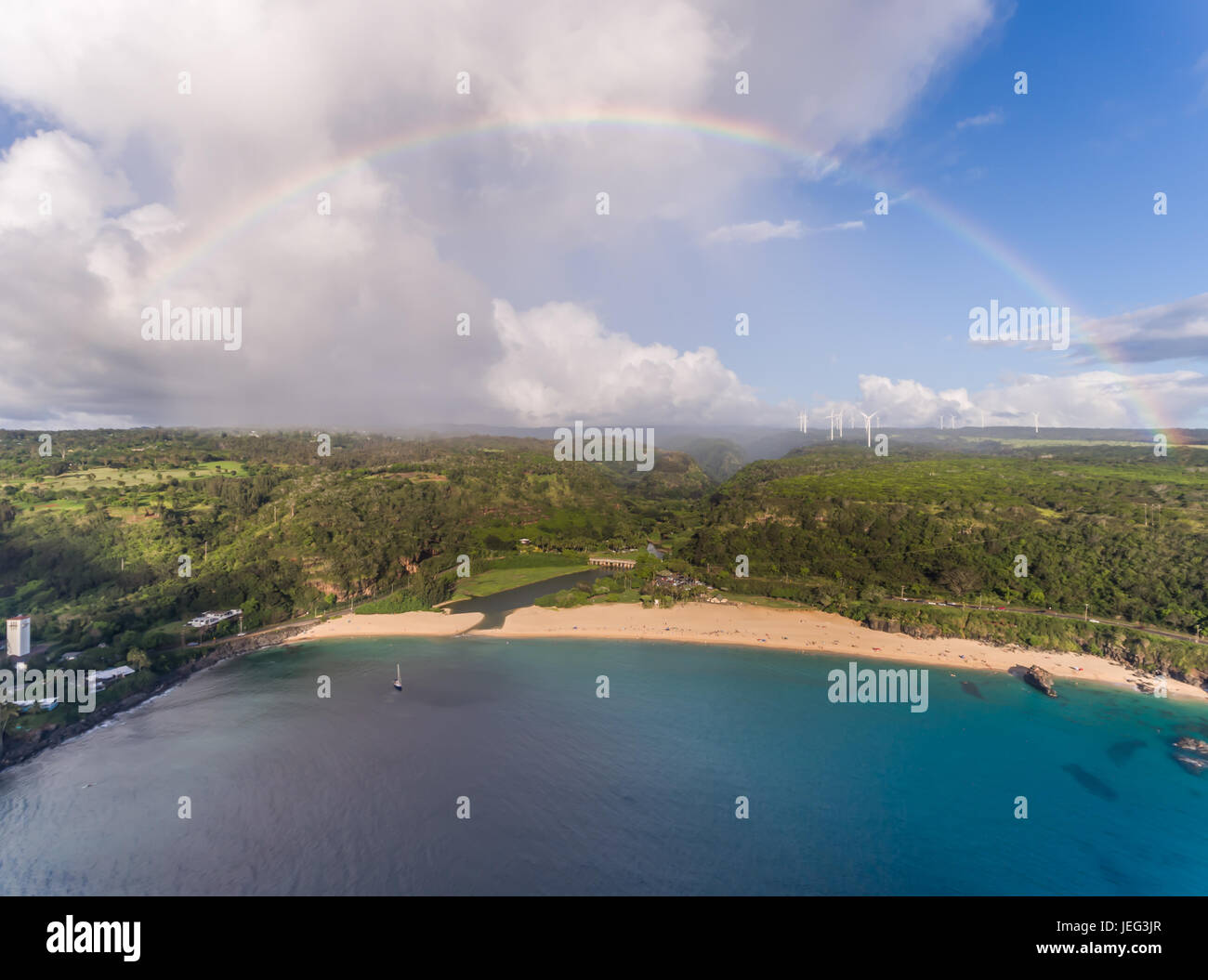 Aerial view of Waimea bay with a full Rainbow on the island of Oahu