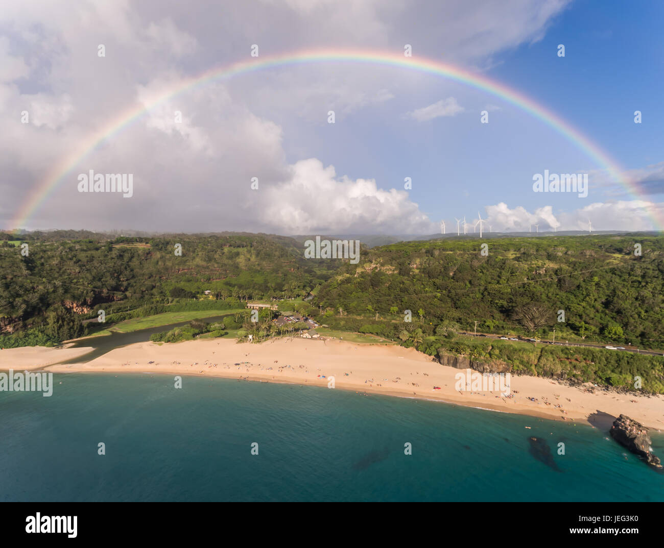 Aerial view of Waimea bay with a full Rainbow on the island of Oahu