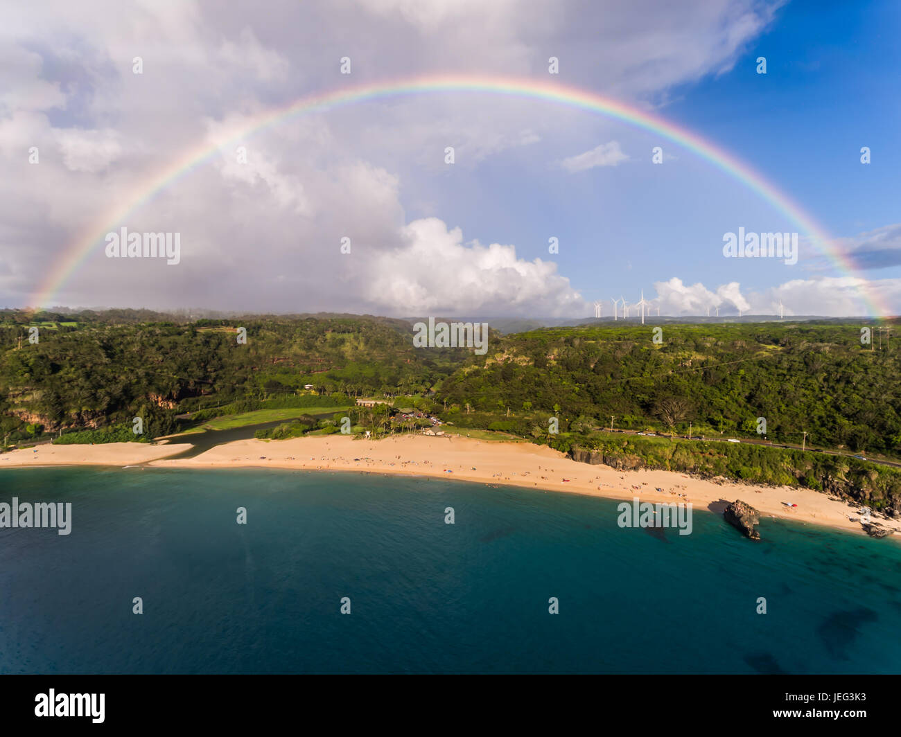 Aerial view of Waimea bay with a full Rainbow on the island of Oahu