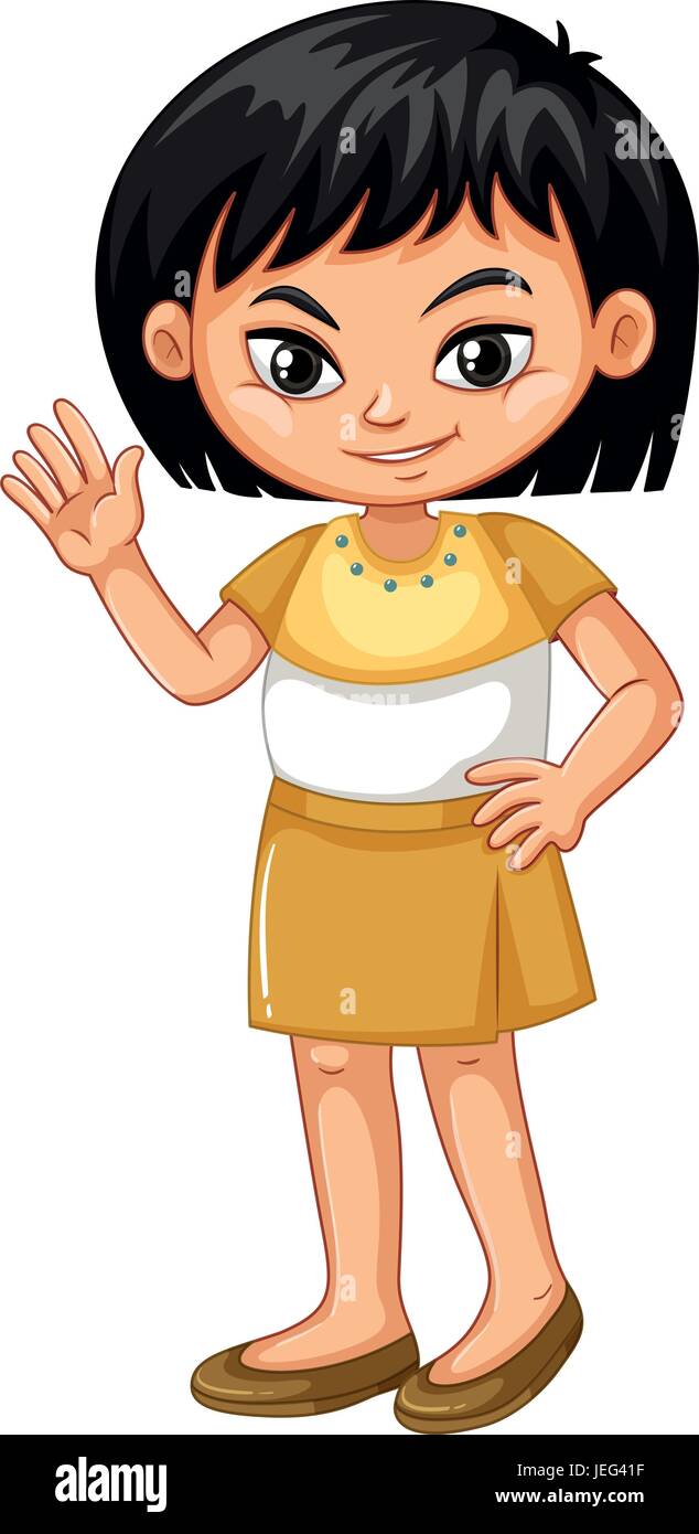 Little girl in brown skirt waving hand illustration Stock Vector Image ...