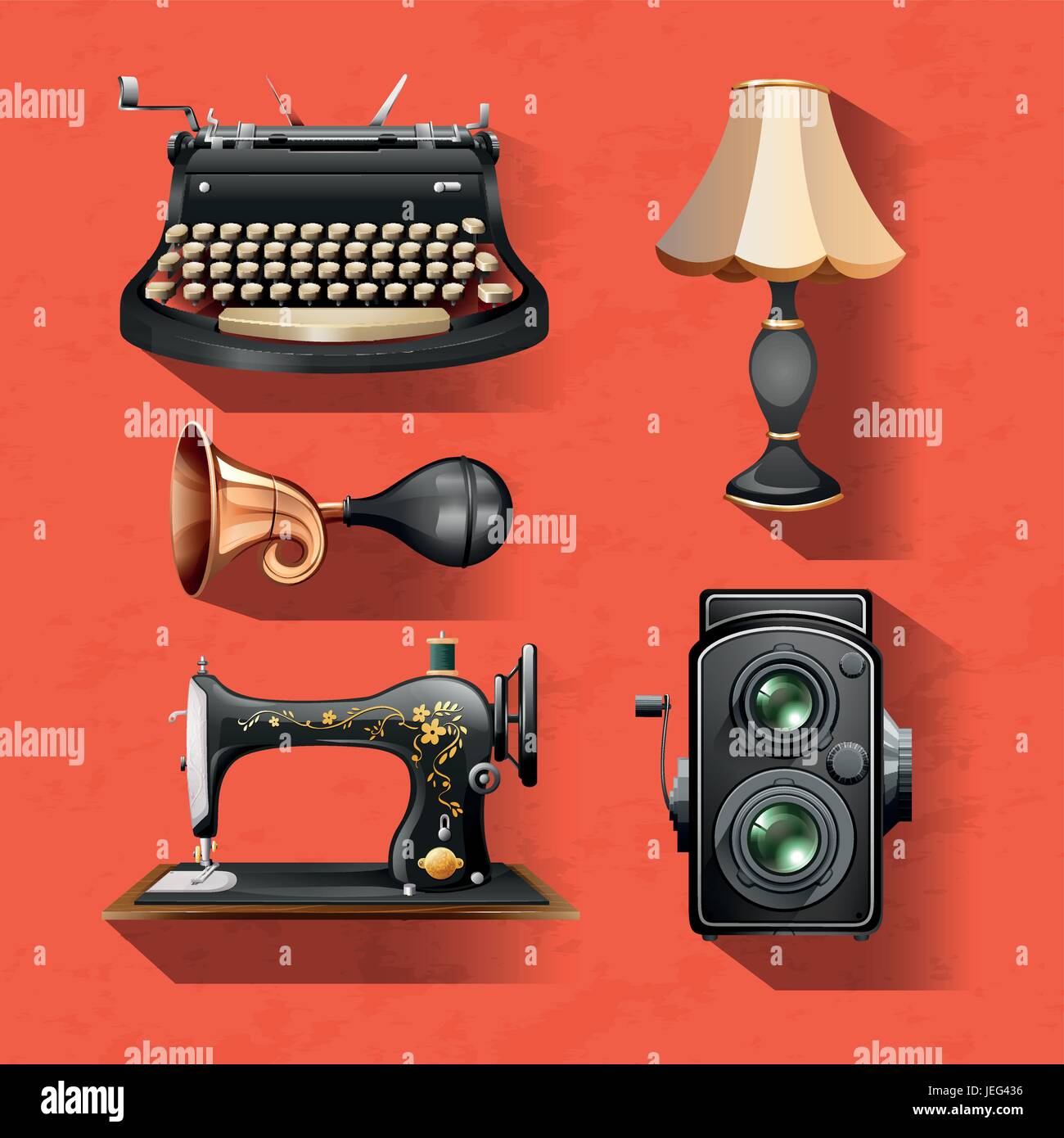 Vintage items on red background illustration Stock Vector