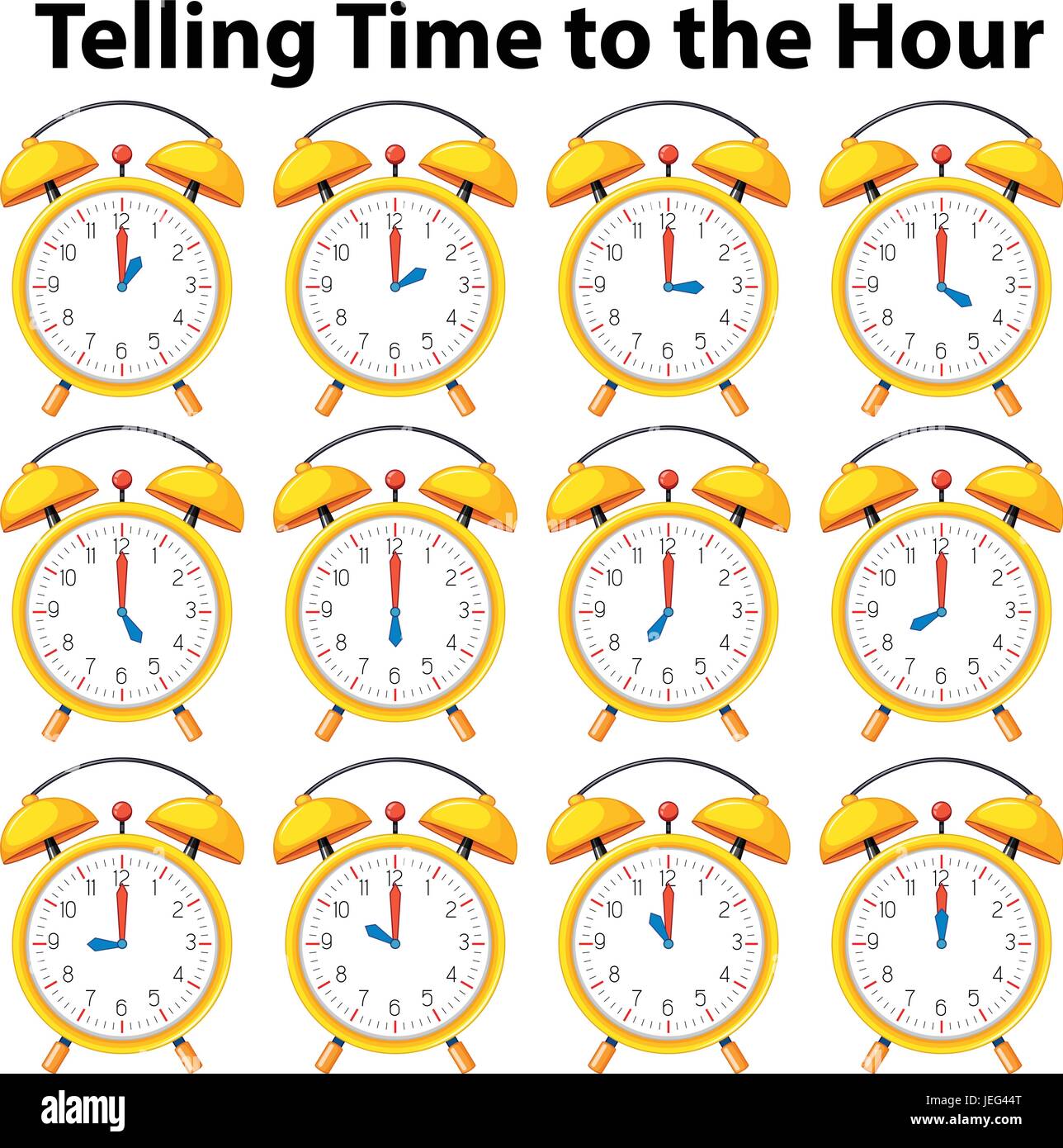 Telling time to the hour on yellow clock illustration Stock Vector