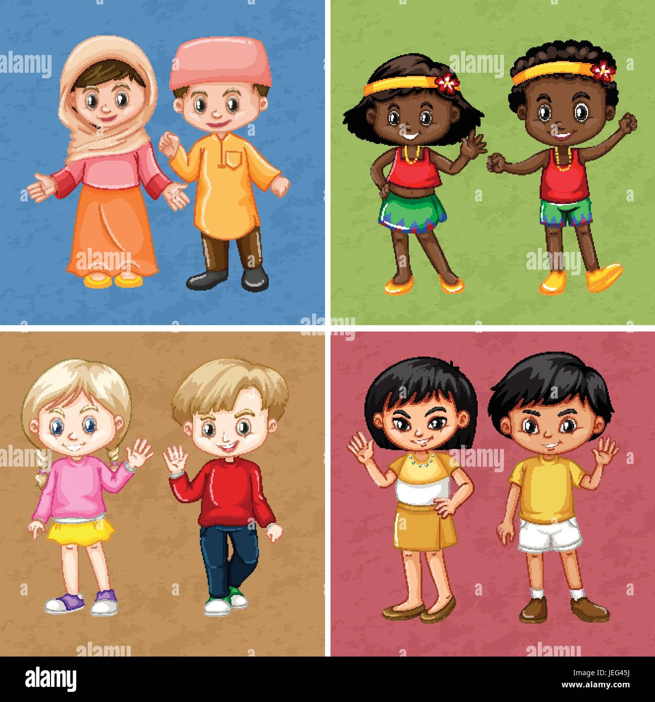 Children from different countries on four background illustration Stock ...