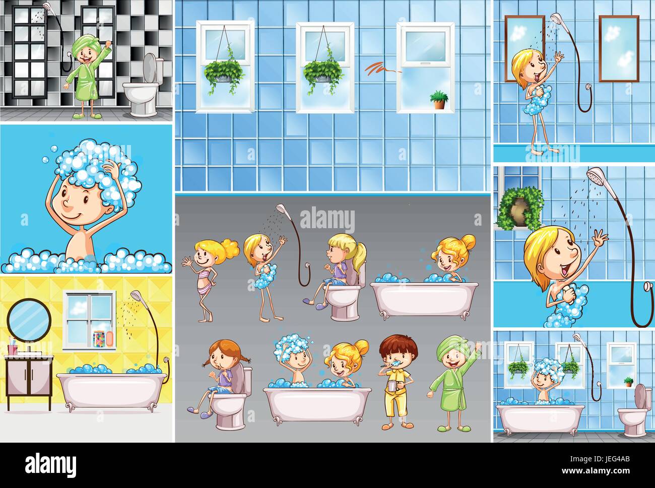 Bathroom scenes with kids doing different activities illustration Stock Vector Image & Art - Alamy