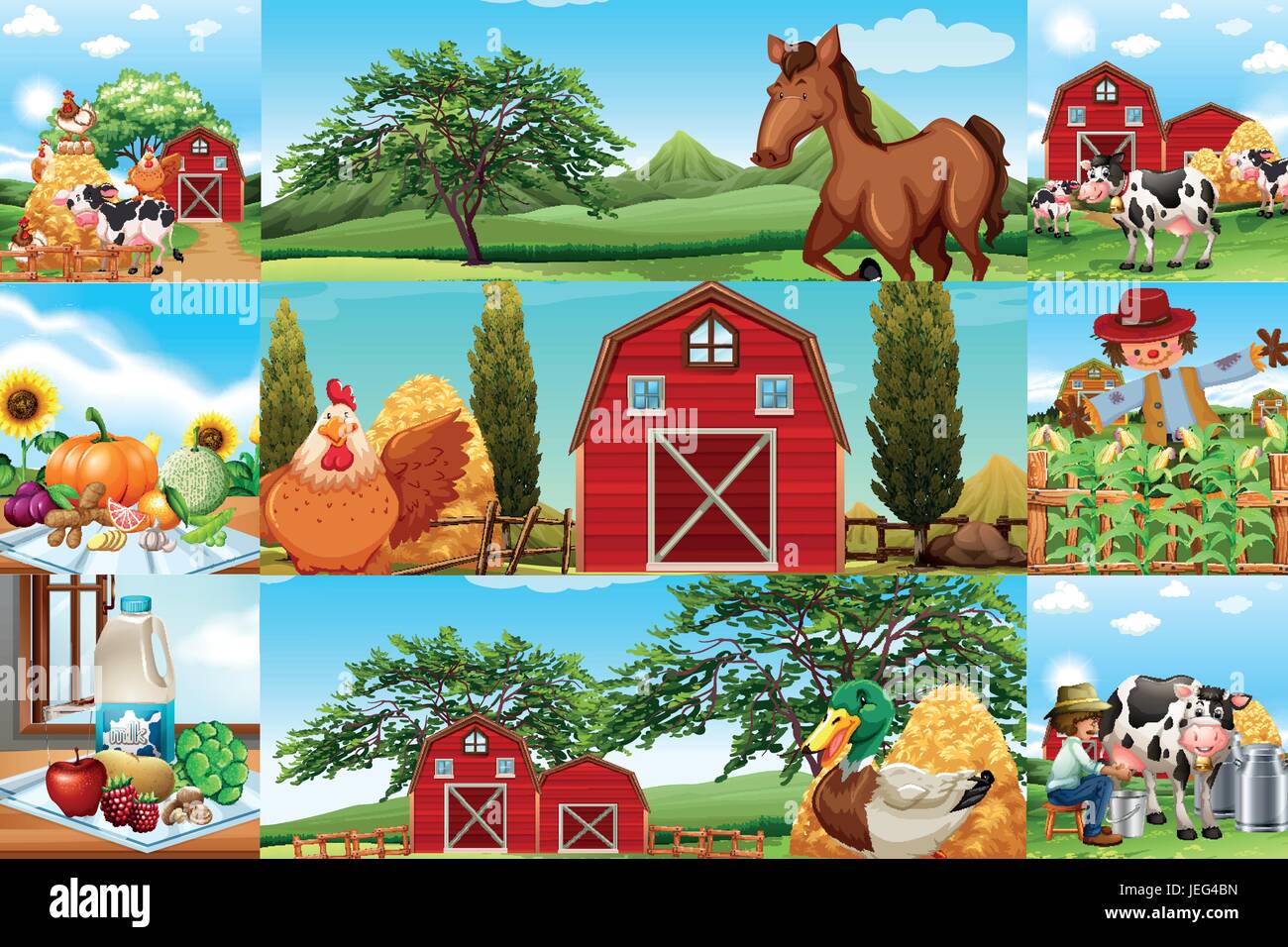 Farm scenes with many animals and farmers illustration Stock Vector ...