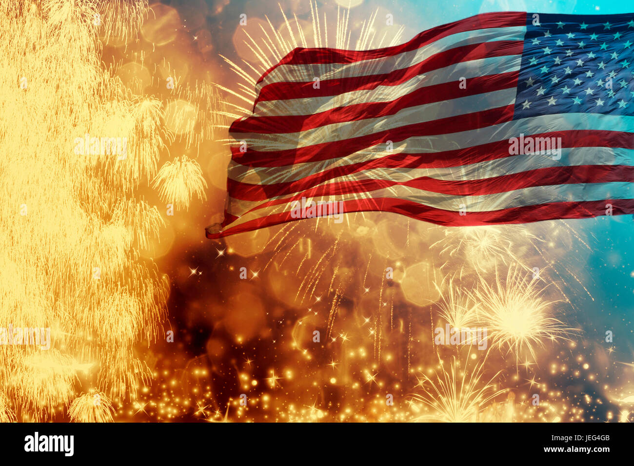 United States of America USA flag with fireworks background for 4th of
