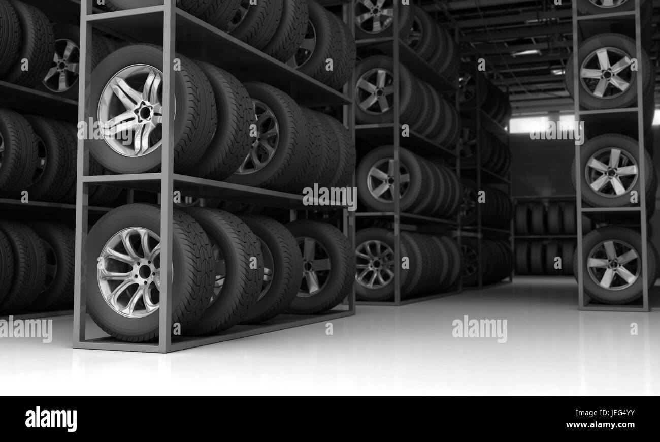 Tires and rims for car - 3D Rendering Stock Photo