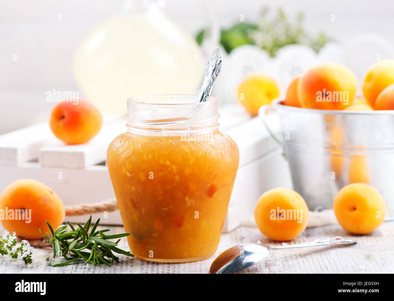 apricot jam in glass jar and on a table Stock Photo - Alamy