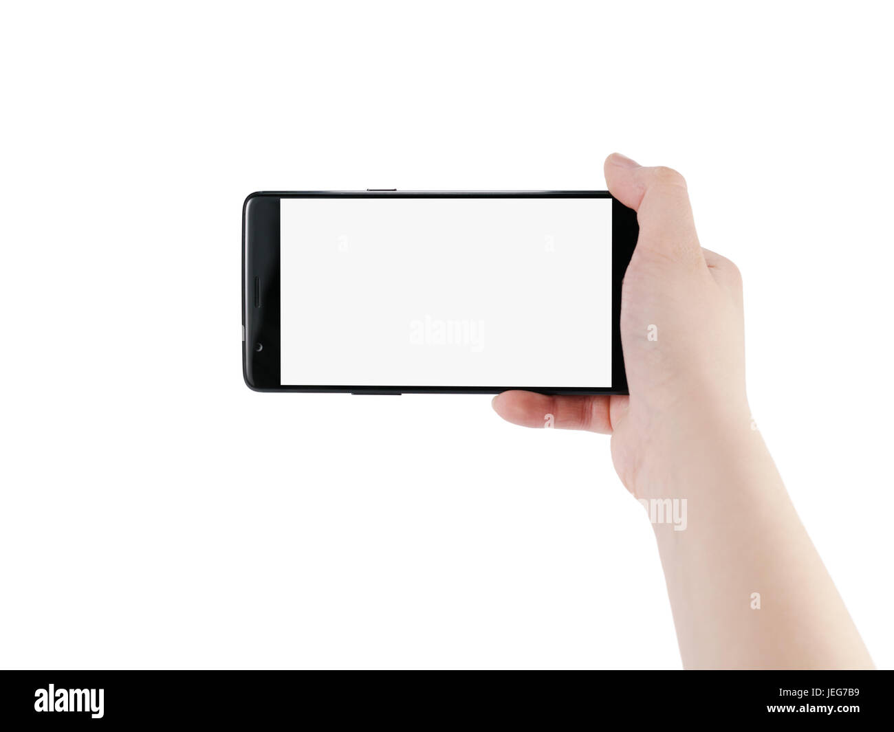 female teen hand holding smartphone with blank screen isolated on white ...