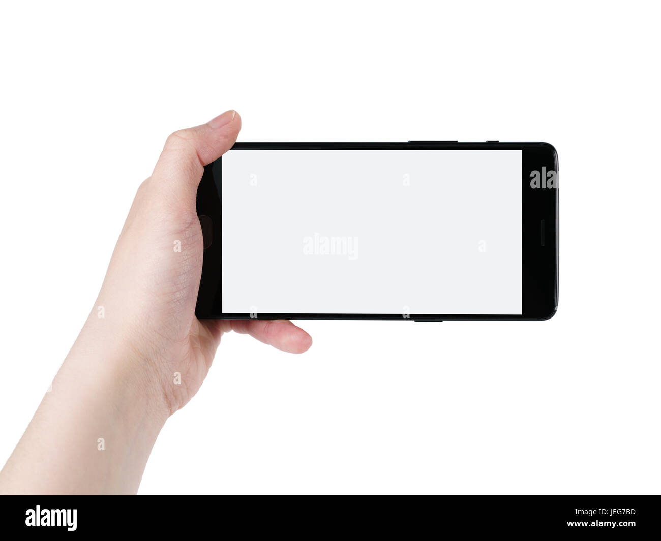 female teen hand holding smartphone with blank screen isolated on white ...