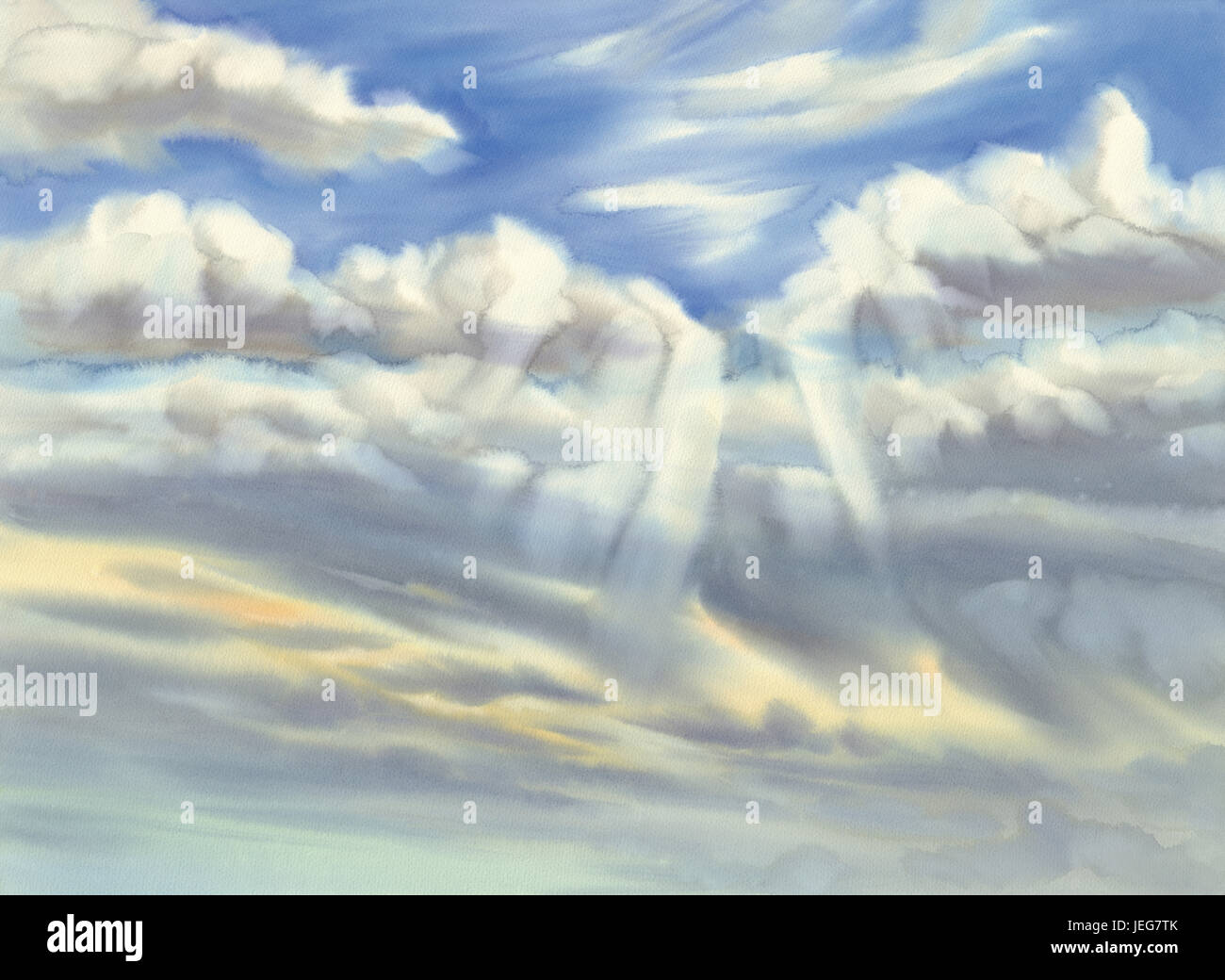sky with clouds and sun rays watercolor background Stock Photo - Alamy