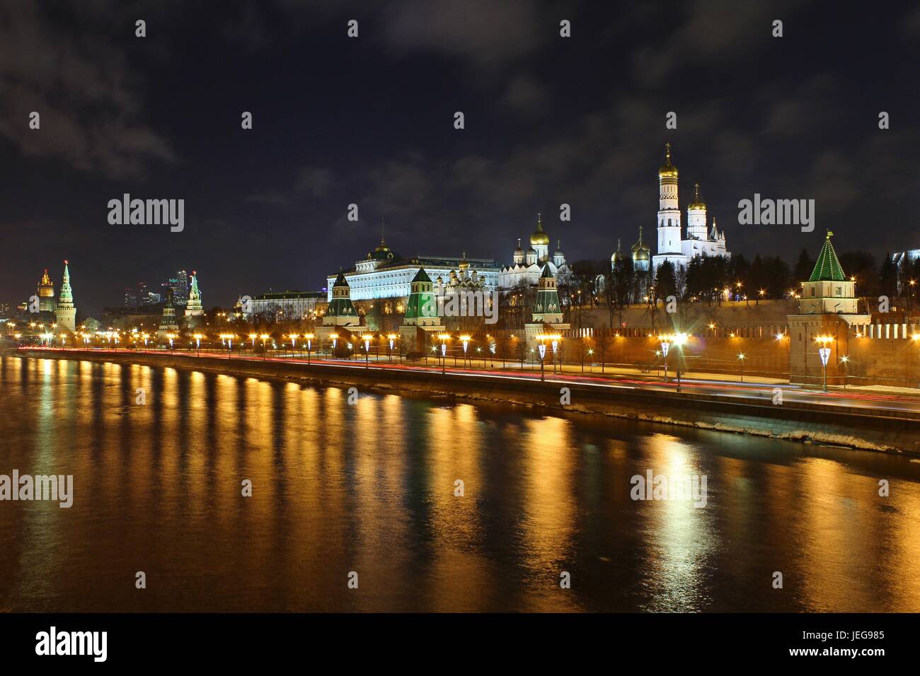 Cityscape of Kremlin wall and river in Moscow, Russia- night scene. Stock Photo