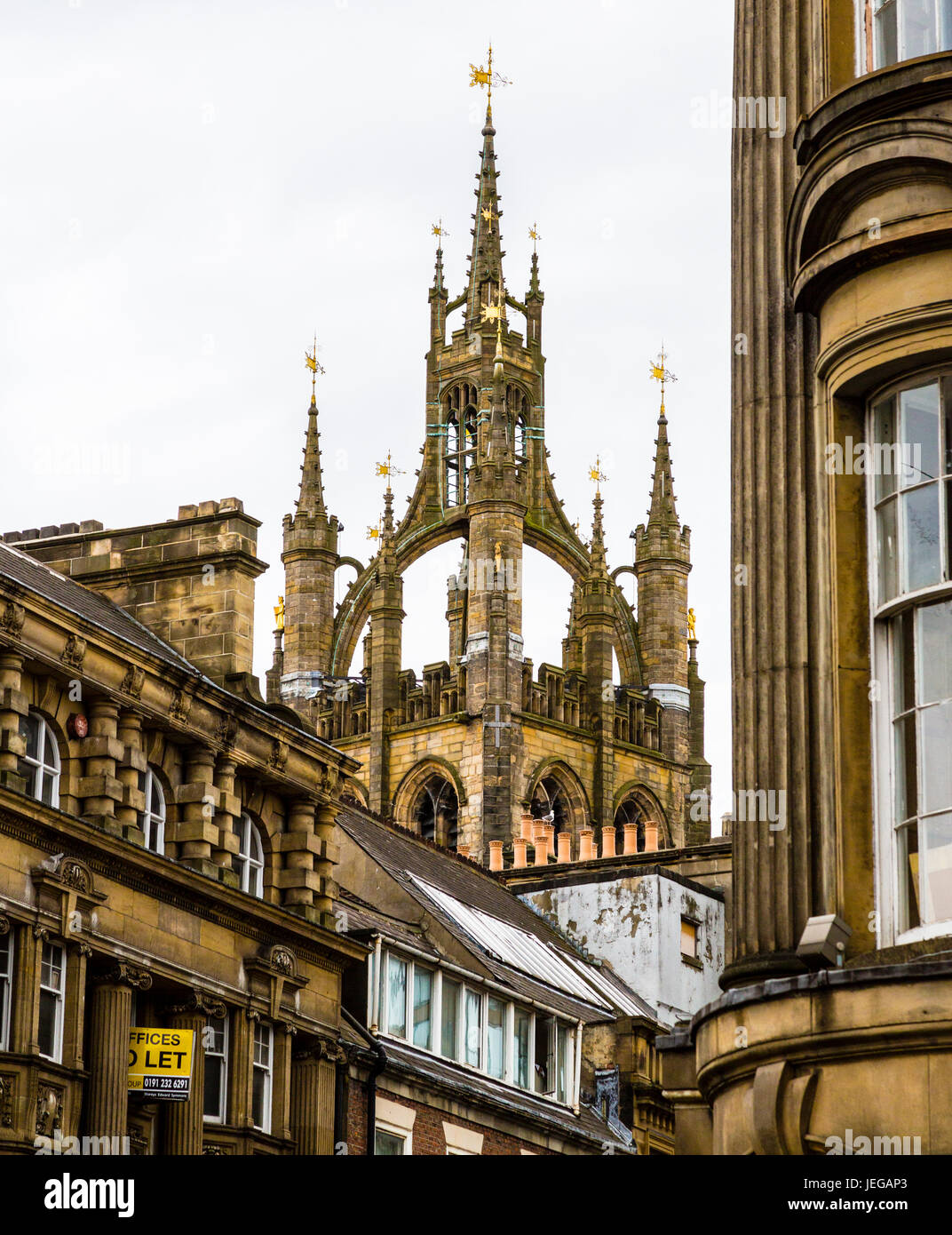 Newcastle-upon-Tyne, England, UK.  Ornate Spires of the Cathedral Church of St. Nicholas.  The lantern spire dates from the 15th. century. Stock Photo