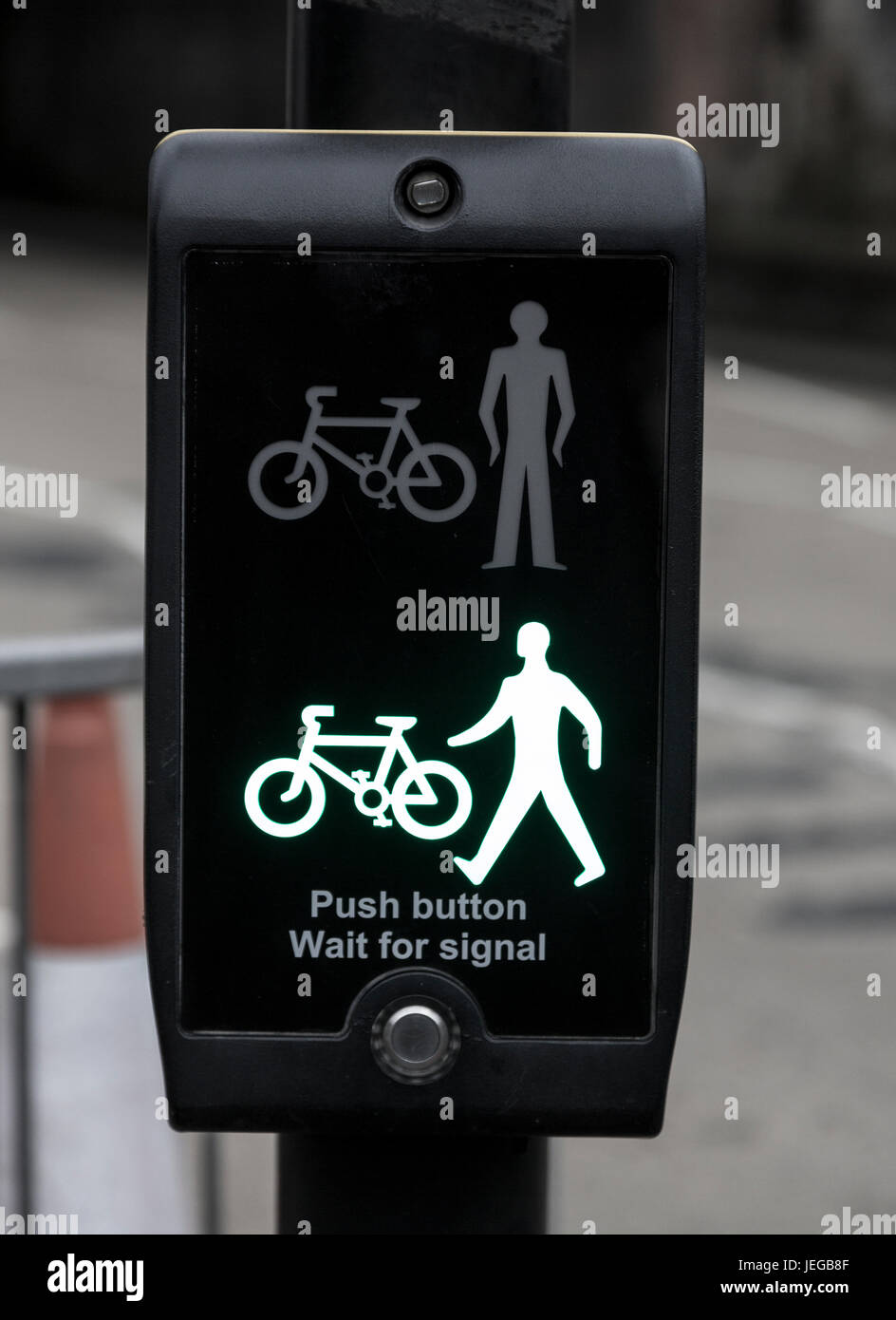 Newcastle-upon-Tyne, England, UK.  Pedestrian Signal at Crosswalk: Crossing Permitted. Stock Photo