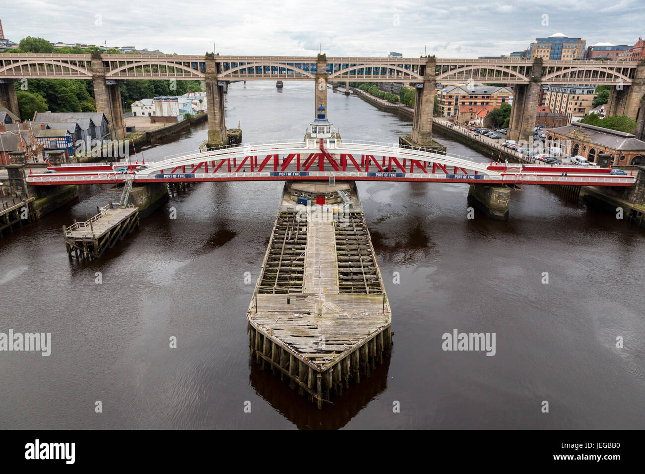 Newcastle-upon-Tyne, England, UK.  Swing Bridge in Middle Ground, High Level Bridge in Background, linking Gateshead to Newcastle. Stock Photo