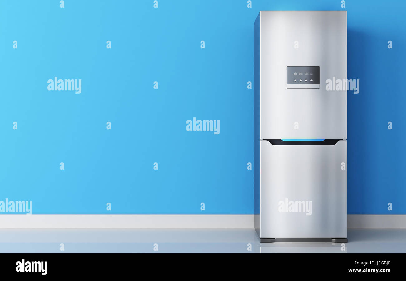 Modern stainless fridge and blue wall. 3d illustration Stock Photo